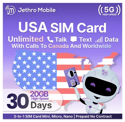 Jethro Mobile Prepaid SIM Card Kit Unlimited Talk Text, 20GB Data a Month 5G LTE - Image 1 of 4