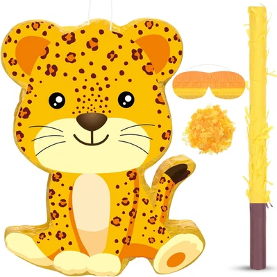Cheetah Piñata Leopard Party Supplies with Blindfold and Bat Safari Birthday Sup - Image 1 of 4