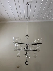 Vintage Mid Century Modern Wrought Iron And Hand Blown Glass Chandelier - Picture 1 of 9