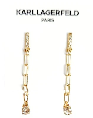 Karl Lagerfeld Chain Link Linear Crystal Earrings Goldtone Plated Brass NWT - Image 1 of 4