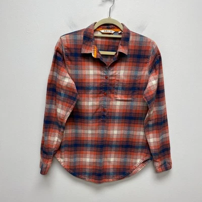 Camisa de Franela Orvis Naranja Azul A Cuadros Elastizada Manga Larga Popover Botón Frontal S Foto 1 de 4