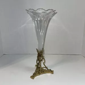Vintage Brass and Fluted Tulip Crystal Vase. ALST. - Picture 1 of 12