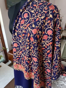 GIFT CREWEL Navy Blue EMBROIDERY WOOL PASHMINA WRAP FOULARD~15 DESIGN CHOICE - Picture 1 of 8