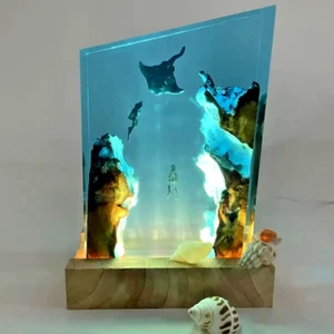 Epoxy Wood Diver Manta Ray Fish Ocean Lamp Resin USB Light Decor Night Light - Picture 1 of 7