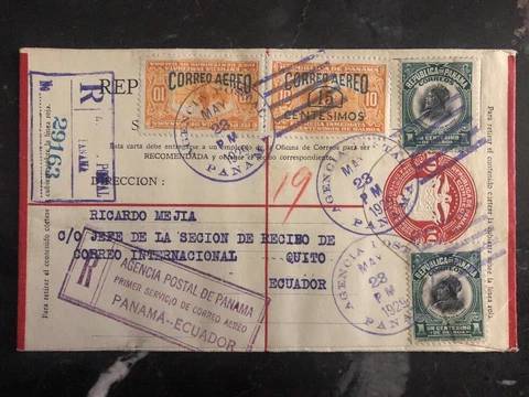 1929 Panama First Flight Registered cover FFC To Quito Ecuador Cover