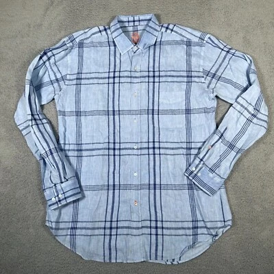 Camisa J McLaughlin Para Hombre Talla XL Azul A Cuadros 100% Lino Abotonada Informal Defecto Foto 1 de 4