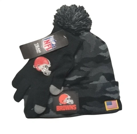 Cleveland Browns NFL Salute to Service Beanie Winter Hat & Gloves Grey Black Cover