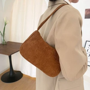 Solid Color Zipper Messenger Bag Corduroy Underarm Shoulder Bag Simple Vintage - Picture 1 of 13