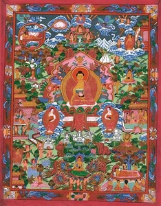 Handgefertigtes Thangka altes Gemälde von Buddha Leben Kreis Kunst auf Stoff 12x15 cm - Bild 1 von 6