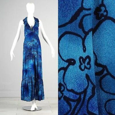 XS Vestido Maxi Vintage 1970s 70s Halter Azul Havaiano Corte Baixo Capa de Praia - Imagem 1 de 4