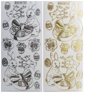 EMBOSSED EASTER RABBIT Peel Off Stickers Bunny Eggs Card Making Gold or Silver - Picture 1 of 3