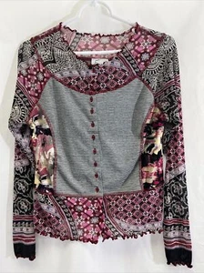 Emma G szS long Sleeve mixed media print semi sheer blouse ruffle trim fun color - Picture 1 of 12