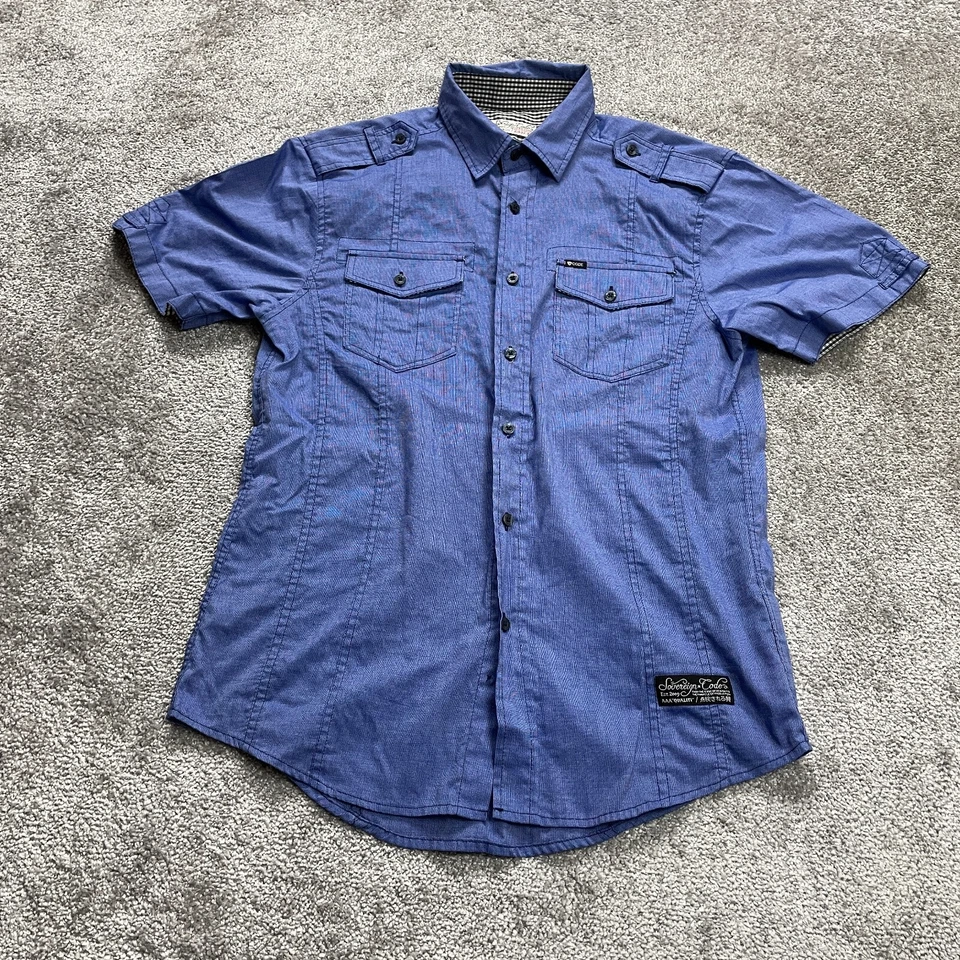 Sovereign Code Button Up Shirt Mens Medium Blue Pockets Short Sleeve Adult Top - Image 1 of 4