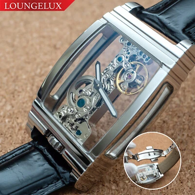 Mens Silver Skeleton Bridge Manual Mechanical Watch - Black Leather Strap - image 1 of 4