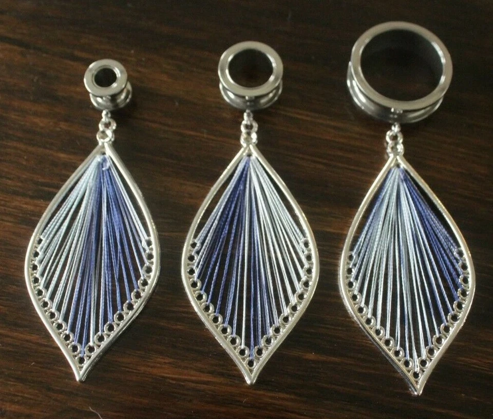 Feather Leaf Web Dangle Charm Earring Ear Plug Tunnel Screw Fit Surgical Steel - Image 1 of 4