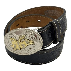 Nocona Genuine Floral Tooled Leather Belt 1.25" Bull Rider Buckle Black 20"-24" - Picture 1 of 6