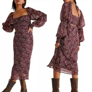 0234 Vestido Free People Borgoña Calado Manga Larga Midi Boho Floral Talla XS NUEVO CON ETIQUETAS - Imagen 1 de 4