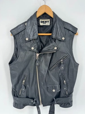 Vintage Y2K 90s DKNY Black Leather Studs Zips Biker Jacket Motorcycle Vest Sz S - Image 1 of 4
