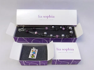 LIA SOPHIA Purple Black Beads Silver Necklace and Pendant Slide Abstract IOB - Picture 1 of 8