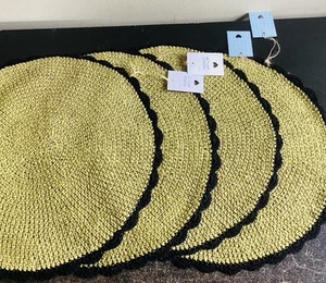 Crochet Ruffia Round Scalloped Placemats Set Of 4 Green Black Handcrafted 15” - Picture 1 of 11