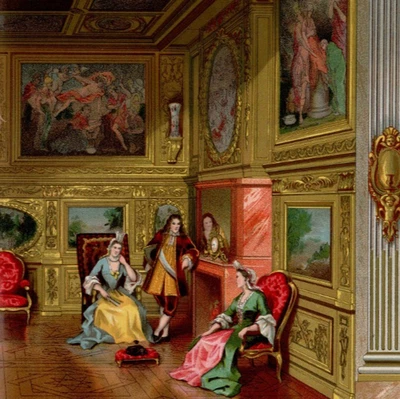 Figuras interiores e quadras douradas francesas com estampa antiga de 1876 - Imagem 1 de 3