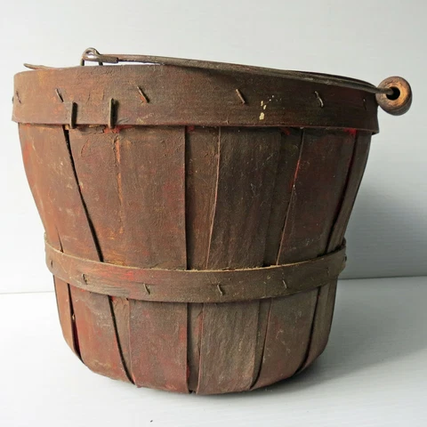 Vintage Staved/Splint Ash APPLE GATHERING BASKET w/Bail  Wire Handle Cover