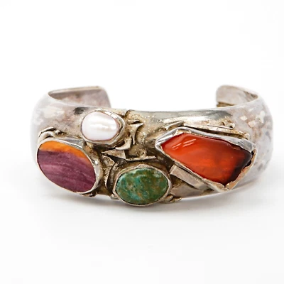 Brazalete pesado multipiedra púrpura verde cornalina perlas plata 925 45,6 g Foto 1 de 4