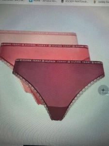 Tommy Hilfiger Logo Lace Thong 3-Pack Overshadow, Mineralize, Guava, Size Medium - Picture 1 of 3