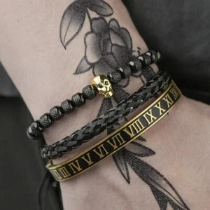 Pulseras calavera negra para hombre con detalles dorados, juego de 3, ajustables 6,7-8,3 pulgadas - Imagen 1 de 3