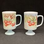 Hand Painted Cherries Apples Coffee Cups Footed Pedestal Signed Cleta - Set of 2