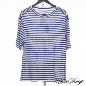 NWT #1 MENSWEAR Drakes London White Royal Blue Breton Stripe Linen Tee Shirt 46 - Picture 1 of 6