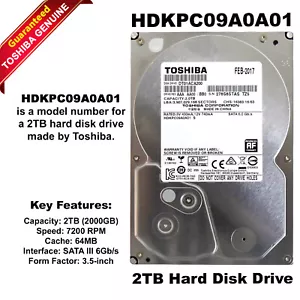 Toshiba 2TB Internal 7200RPM 3.5" Hard Drive HDD DT01ACA200 HDKPC09A0A01 - Picture 1 of 6