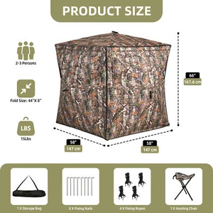 3 Personen Pop Up Jagd Jalousie Zelt 360° Ansicht Camouflage durchsichtig Netz + Stuhl - Bild 1 von 11