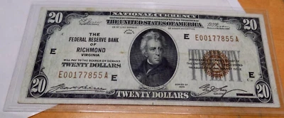 20 DOLLAR FEDERAL RESERVE NOTE RICHMOND 1929 OFF CUT ERROR AU+ HIGH GRADE - Image 1 of 2