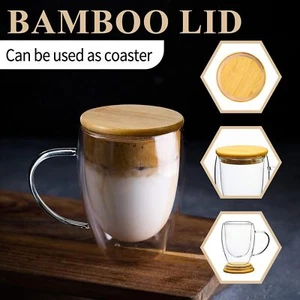 Glass Coffee Mugs Set of 2 with Bamboo Lid/Spoon, Double Wall Insulated Clear Te - Picture 1 of 6