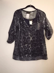 Creation L blau transparentes Animal Print Top mit Tank Gr. 6 mit verzierter Tasche - Bild 1 von 6