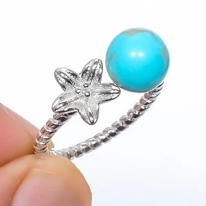 Copper Blue Turquoise Gemstone Silver Plated Jewelry Flower Ring Ad (R200) - Picture 1 of 3