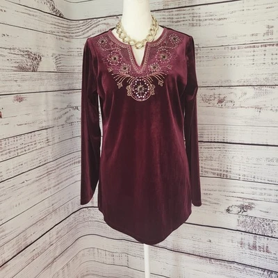 Туника бархатная Susan Graver топ украшенная вышитая с v-образным вырезом бордовая - Изображение 1 из 4