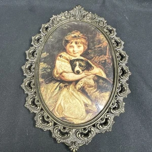 Vtg Brass Framed Miss Jane Bowles Art Print Oval Frame Italy Original Tag Action - Picture 1 of 9