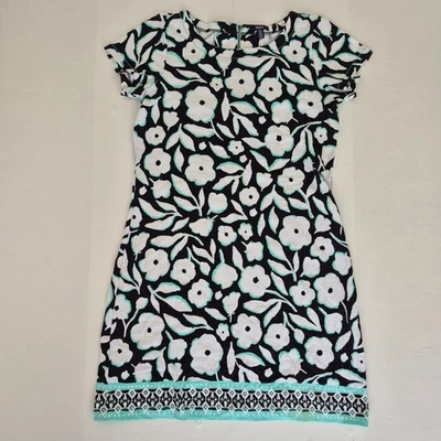 Vestido HATLEY Grande Negro Blanco Mujer Crew Manga Corta Floral Elastizado Algodón Foto 1 de 4