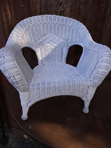 Antique White Wicker Child's Chair.  Sturdy Solid 20”x20”x 11 Deep Porch Patio Cover
