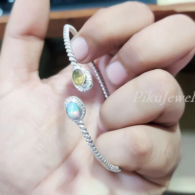 Bracciale rigido in argento sterling 925 con topazio citrino e opale etiope/p353 - Immagine 1 di 4