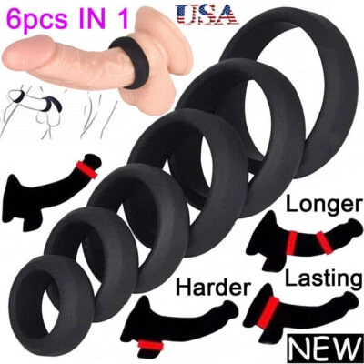 6PCS Cock Ring Silicone Super Stretchy Strong Stay Harder Penis Rings Sex Toys - Image 1 of 4