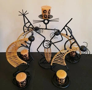(5) Tribal Art Musician Set Wrought Iron / Rattan Candle Holders Leopard Candles - Picture 1 of 6