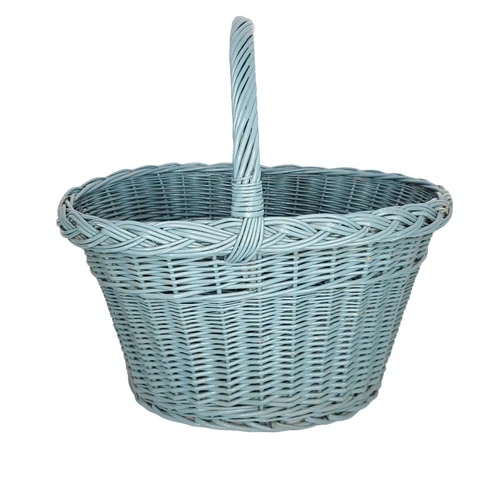 Vintage Large Oval Wicker Heavy Duty Shopping Basket Handle Painted Slate Blue Cover