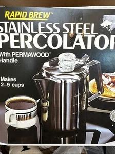 Rapid Brew Stainless Steel Percolator Permawood Handle 2-9 Cups Stovetop Coffee - Picture 1 of 2