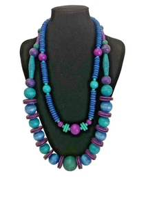 Vintage Chunky Assorted Bead Necklace Purple Teal Blue Wood Beads Disc Set of 2 - Picture 1 of 16