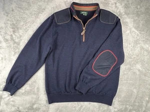 Orvis Mens Navy Blue Wool 1/4 Zip Sweater Size M Elbow Patch Shoulder Pull Over - Picture 1 of 10