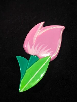 Broche Prendedor Grande Retro Rosa Flor Tulipán Hoja Verde Acrílico Boho Foto 1 de 4
