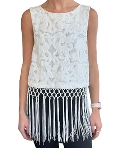 Miss Me Women’s Size Small Ivory White Crochet Gauze Fringe Button Crop Tank Top - Picture 1 of 20